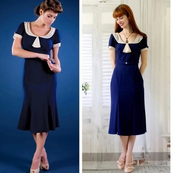 Stop Staring Raileen Navy & Cream 1940s Style Midi Dress Form Fitting Cap Sleeve - Picture 1 of 12